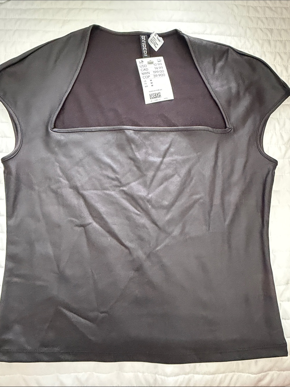 H&M Black Faux-Leather Short Sleeve Square-Neck Top
